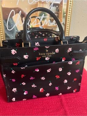kate spade Black Floral Small Satchel with Pink & Red Accents